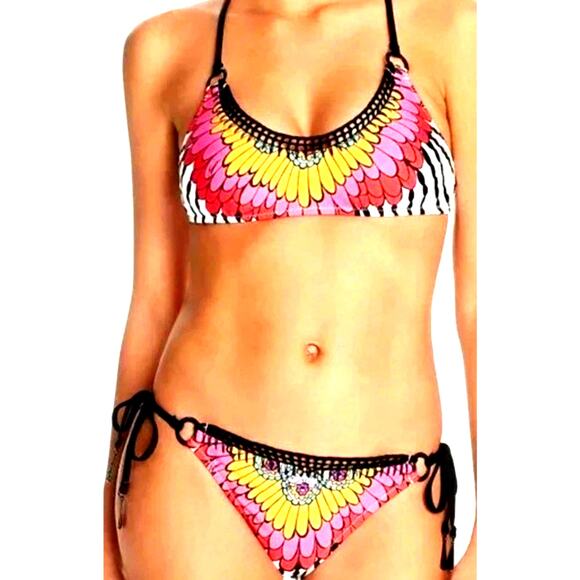 Trina Turk Ibiza Bikini Sz 6 Peacock Feathers Multicolored print Crochet Boho - Picture 1 of 16